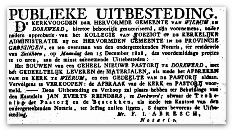 Advertentie in de Provinciale Groninger Courant 9 december 1828. 