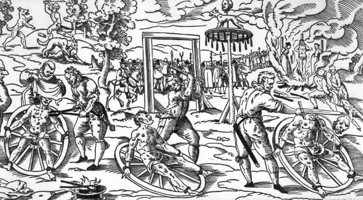 Afbeelding: 'Breaking wheel' (tekening uit 1589). Auteur onbekend. Beschrijving: This wood cut shows the 'breaking wheel' as it was used in Germany in the Middle Ages. The exact date is unknown, as is the creator, but it depicts the execution of Peter Stumpp in Cologne in 1589. This form of punishment was most common during the middle ages and early modern age. Though, for example in many regions of future Germany, the breaking wheel was still used in the 19th century. The last known execution happened 1841 in Prussia. The picture was published in 'Het Tilburgs Tijdschrift voor Geschiedenis' (Tilburg History Magazine) in 2003. The woodcut relates the crime and the punishment of Peter Stumpp and includes a depiction of the punishment of his daughter and mistress. Stumpp was accused of being a werewolf and in the top left hand corner of the woodcut we see a large wolf attacking a child. Above this scene a man with a sword is seen fighting off the wolf and in doing so, lops off the wolf’s left forepaw. In the centre left of the illustration we are shown the first punishment of Stumpp, namely the tearing of his flesh with red hot pincers while he is bound to a wheel. In the middle we see the executioner using the blunt side of an axe to break Stumpp’s arm and leg bones. On the righthand side of the illustration the executioner beheads Stumpp. In each of these three depictions we can see that Stumpp’s left hand is missing, presumably pointing to the fact that the werewolf had its left forepaw cut off. After his beheading, Stumpp’s body is dragged away to be burnt. In the top right hand corner of the wood cut we see the fire where Stumpp’s daughter and mistress, each tied to a stake, are burnt alive with Stumpp’s headless body tied to a stake between them. Also shown is a wheel, mounted on a pole, which carries Stumpp’s severed head together with a figure of a wolf. The clothing may be from Germany in the mid 17th century. Licentie: Public Domain.