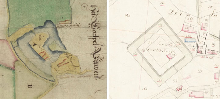 Tekening/kaart van Haubois uit 1641. Deze is hier en kwartslag gedraaid. Rechts een tekening van het kadastrale minuut uit 1828. Afb. bron: Wikimedia Commons.