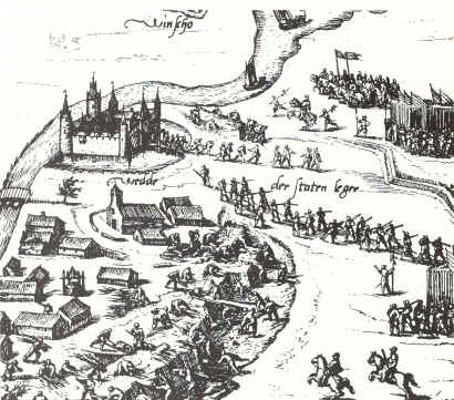 De inneming van het huis te Wedde door Graaf Willem Lodewijk op 30 augustus 1593 (de borg ligt linksboven). Bron: Protestantse Kerk te Wedde. Auteur: Frans Hogenberg (vóór 1540-1590). Licentie: public domain.