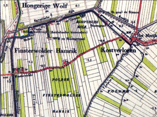 Op deze kaart is Finsterwolder Hamrik ten zuiden van Hongerige Wolf en ten westen gan Kostverloren duidelijk zichtbaar.
