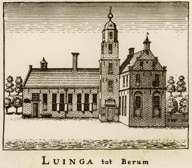 Borg Luinga in Bierum - Voorstudie t.b.v. Beckeringh`s kaart (1750?), prentbriefkaart. Licentie: Publik Domain.
