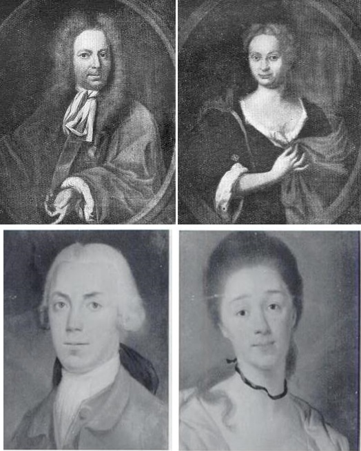 Portretten van Johan Hora (linksboven, 1683-1744) en zijn vrouw Catharina Wolthers (rechtsboven, 1695-1755) en van Johan Hora's kleinzoon Johan Hora Siccama (linksonder, 1738-1812) en zijn vrouw Egberta Louisa Beckeringh (rechtsonder, 1740-1810), allen bewoners van de Ennemaborg. Licentie: Publieke Domein.