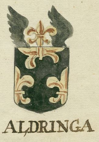 Het wapen van het geslacht Aldringa zoals vroeger aanwezig op een gebrandschilderd officiersglas uit ca. 1660 in de Nieuwe Kerk in Groningen. Allard (of Allert) Aldringa was toen een van de burgemeesters van Groningen. Licentie: Publieke Domein. 