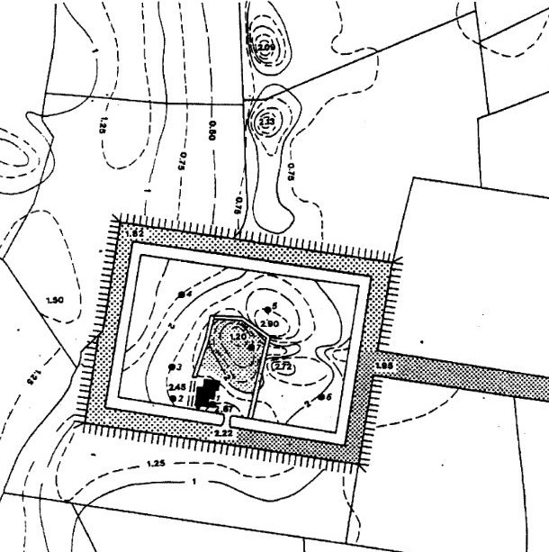 Afb. 8.7. Kaart van Harssens II met daarop aangegeven de versmalde gracht en doorgetrokken sloten en hoogtelijnen. De zwarte stippen met cijfers verwijzen naar boorputten 1 tot en met 7. Bron: Dossier Harssens in het C.M.A, R.O.B. Amersfoort.