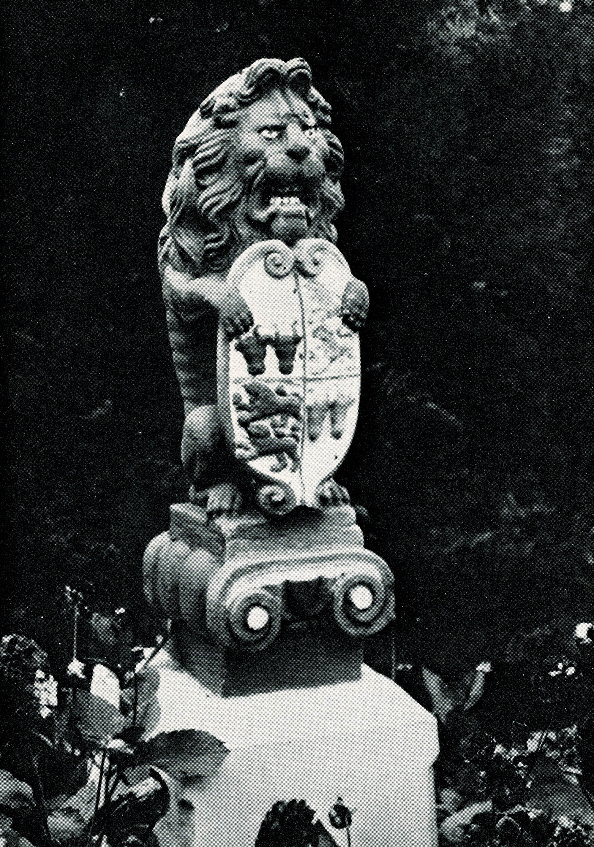 Foto links: stenen leeuw op sokkel, houdende het wapen van Von Prott; afkomstig van boerderij Rikkerda (foto: ca 1920). Bron: RHC GA (Groninger Archieven, Beeldbank Groningen.