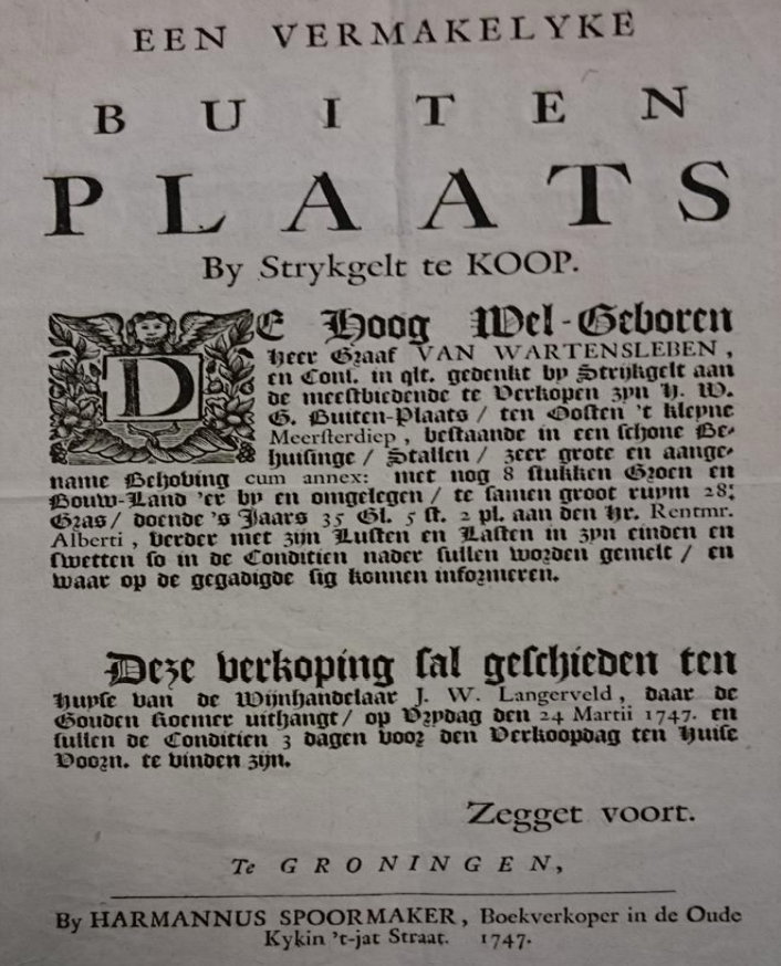 De aankondiging van de verkoop in 1747.