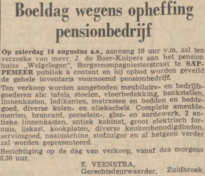 Advertentie aangaande de boeldag wegens opheffing pensionbedrijf in het Nieuwsblad van het Noorden van 07-08-1965.