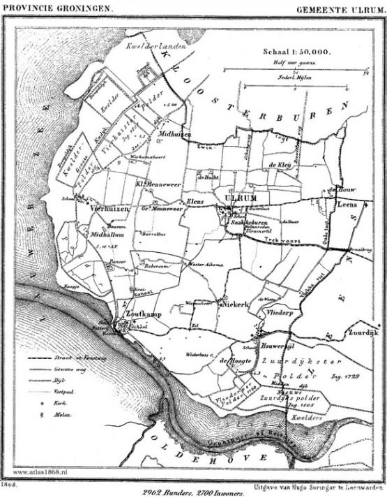 Een kaart van de gemeente Ulrum uit 1868. De gemeente heeft dan 2700 inwoners.