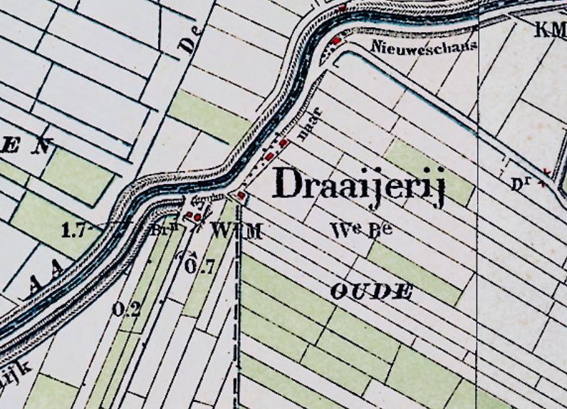 De kaart waarop de Draaijerij uitvergroot, met daaronder de Oude Schansker Uiterdijken. (Bron: HISGIS). 