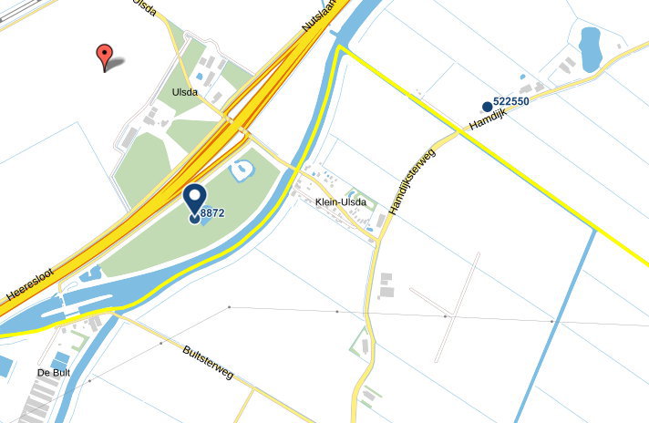 Kaart van de RCE (Rijksdienst voo Cultureel Erfgoed) waar de redoute (8872) foutief staat aangegeven. De batterij of redoute heeft daar nooit gelegen en ook niet er net boven bij de blauwe uitsparing. Links onder ligt De Bult.