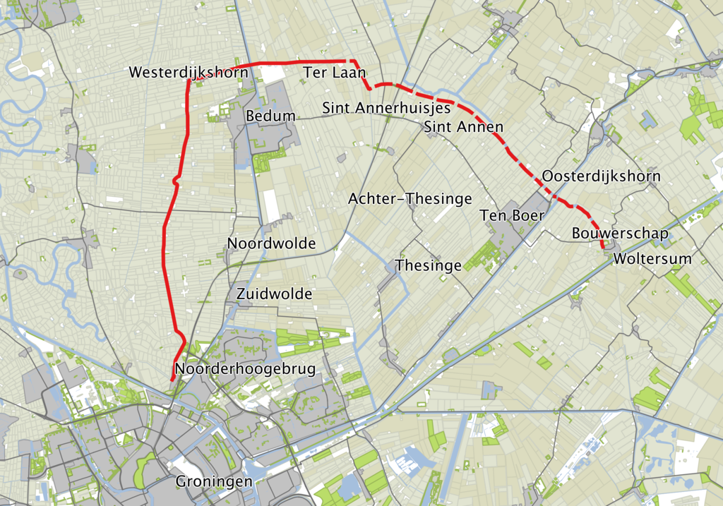 De rode lijn is de Wolddijk.