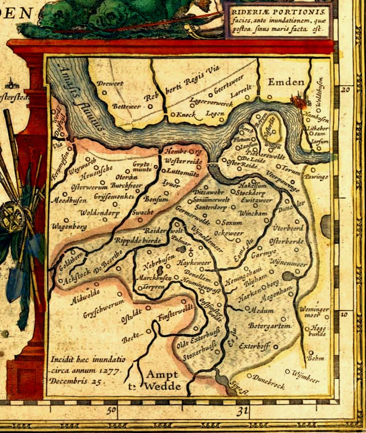 Uitsnede van een kaart van het oude Reiderland gemaakt door Ubbo Emmius in 1645 naar Willem en Joan Blaeu in Amsterdam. Bron/licentie: Public Domain. Op deze uitsnede (1277) zijn Oosterreide en Westerreide nog duidelijk herkenbaar.
