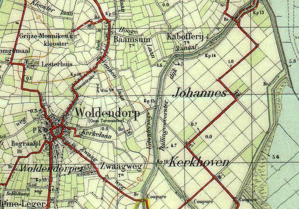 Woldendorp op de topografische kaart van 1933. Licentie: Vrij van auteursrechten door ouderdom.