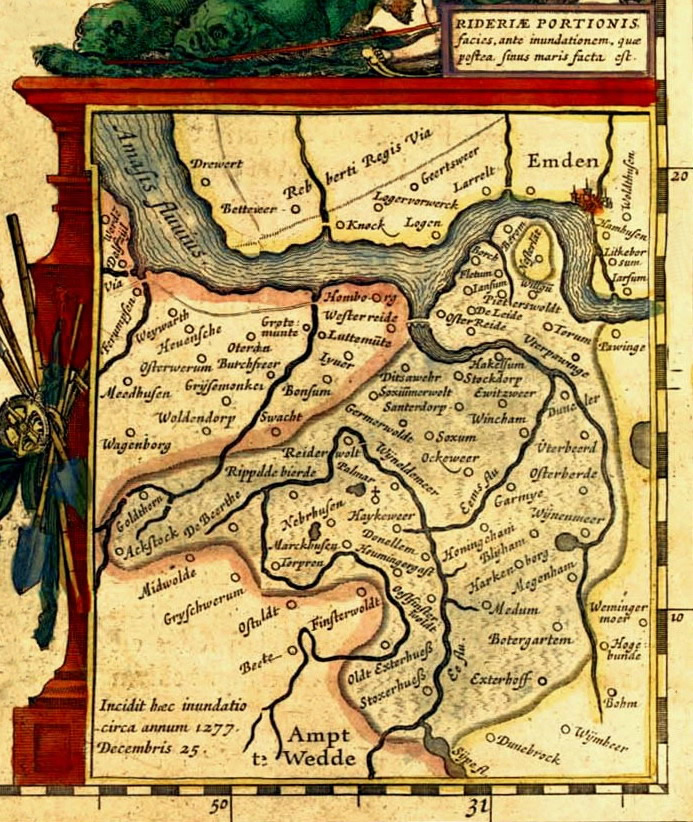 Kaart van het verdronken Rheiderland van 25 dec. 1277, naar een voormalige kaart opgetekend tussen 1560 en 1625 door Ubbo Emmius. Op Deze kaart zijn duidelijk Finsterwoldt en Oostfinsterwoldt zichtbaar op de kaart. Ten zuidwesten daarvan ligt Berte en ten zuiden Oldt Exterhuess en Stoxterhuess. De Tjamme is hier niet op de kaart zichtbaar.