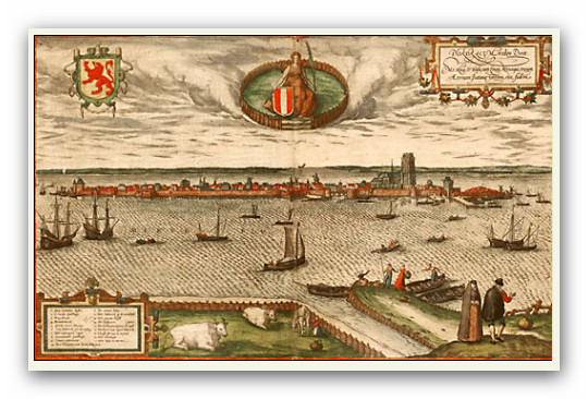 Braun en Hogenberg geven in 1575 deze tekening van Dordrecht uit. Vijf jaar eerder ontstaat de Biesbosch na een overstroming die duizenden het leven heeft gekost. Dordrecht, de oudste stad van Holland, wordt dan een eiland.