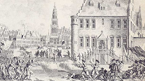 Rennenberg, op de tekening rechts in het midden te paard, voert zijn troepen aan.