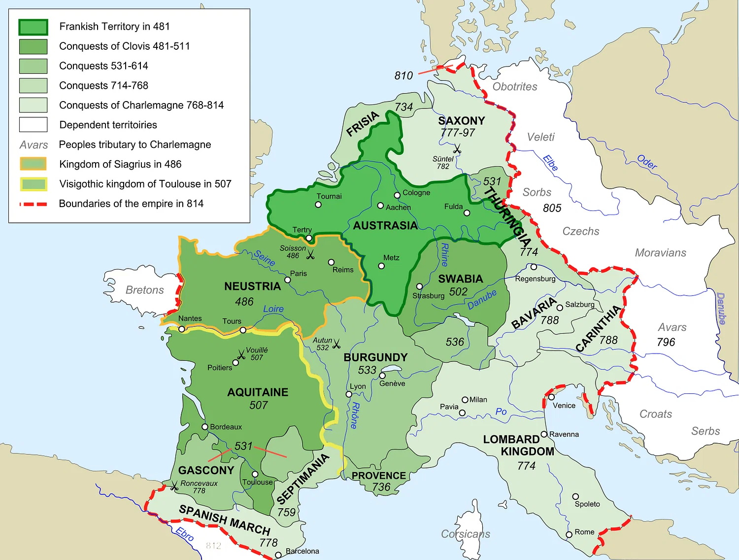 Kaart van het Frankische Rijk. SA©mhur (CC BY-SA) 