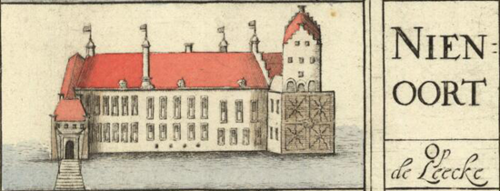 Die Burg Nienoort, gezeichnet von den Gebrüdern Willem und Frederik Coenders van Helpen (aus einer Karte von 1678 = Wohnort von Willem van Ewsum – aus Wikipedia – gemeinfrei -)
