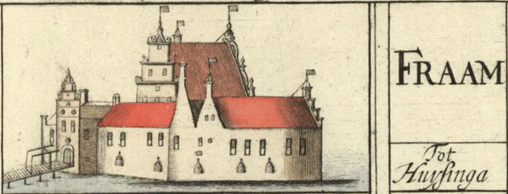 Bild aus "Groninger Archieven" - gemeinfrei Ident-Nr. NL -GnGRA_818_22400. Die Burg "Fraam te Huizinge op een kaart van Groningen uit 1678, getekend door de broers Willem en Frederik Coenders van Helpen" - "gemeinfrei" aus Wikimedia.