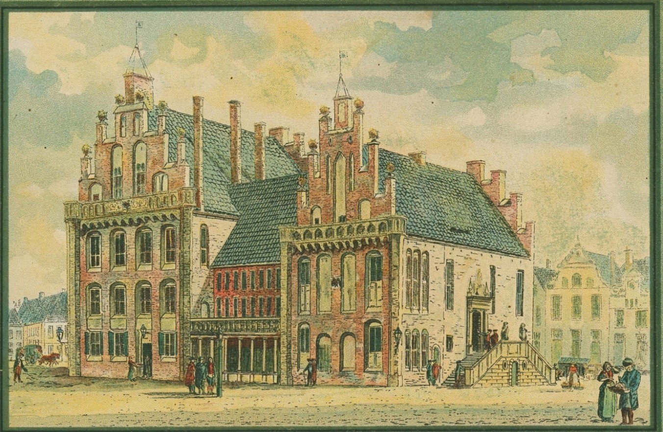 Das alte Rat- und Weinhaus von Groningen (erbaut 1443 - 1774 abgerissen). aus "Groninger Archieven" - Identifikationsnummer - NL-GnGRA_1536_5007 - gemeinfrei.