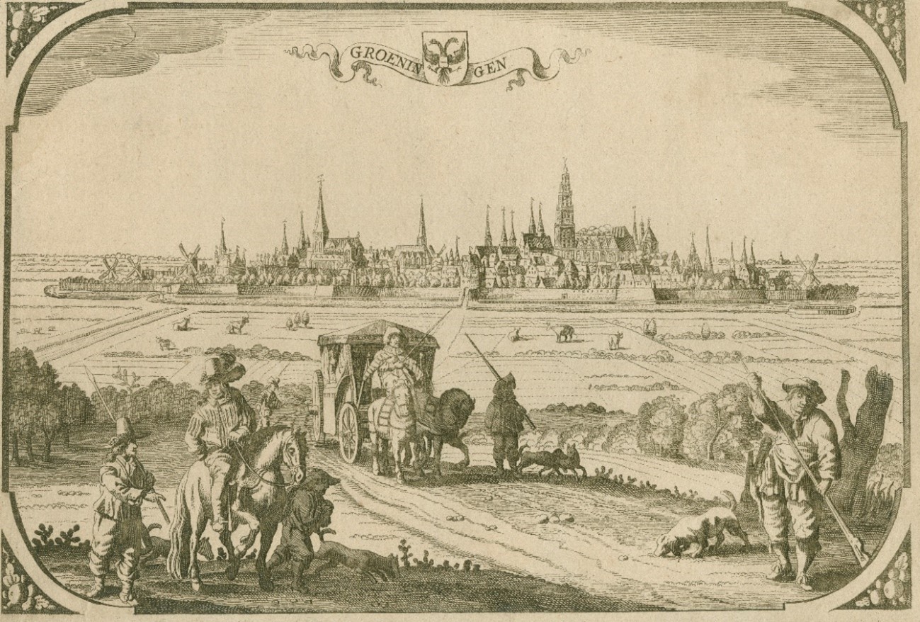 "Groeningen" - Beschreibung: De stad Groningen gezien vanuit het zuiden. Op de voorgrond een koets bespannen met twee paarden, een ruiter en een jager angefertigt ca. 1600-1700. aus "Groninger Archieven" - Identifikationsnummer - NL-GnGRA_1536_3779.