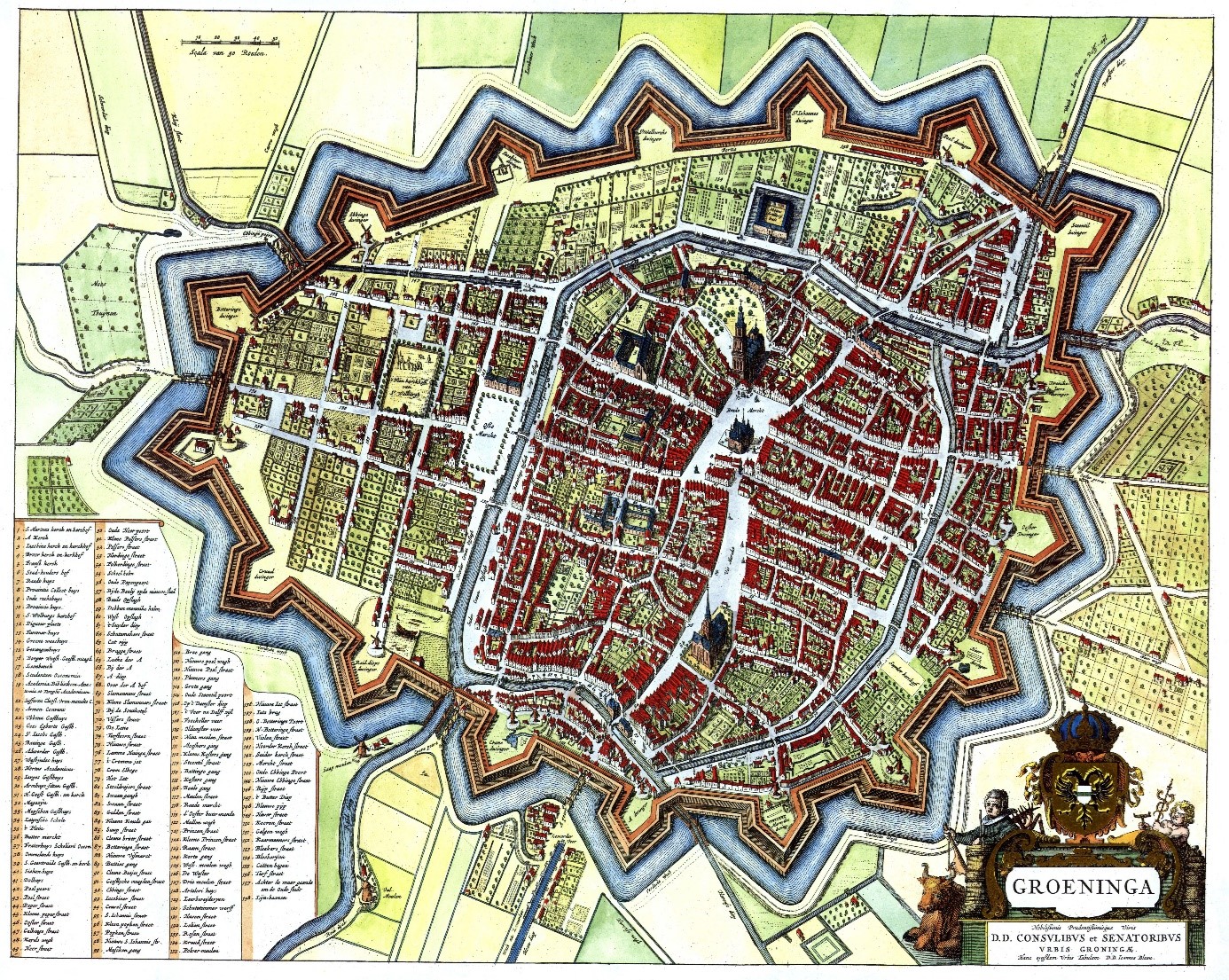 Reproduktion "Plattegrond van Groningen" - erstellt durch Johannes Blaeu – ca. 1635-1645. (unten links = alte Straßenbezeichnungen). aus den "Groninger Archieven" – frei – Identifikationsnummer NL-GnGRA_1536_1755.