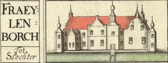 Die Burg Fraeylemaborg (gezeichnet von Willem und Frederik Coenders van Helpen). aus Wikipedia - gemeinfrei.
