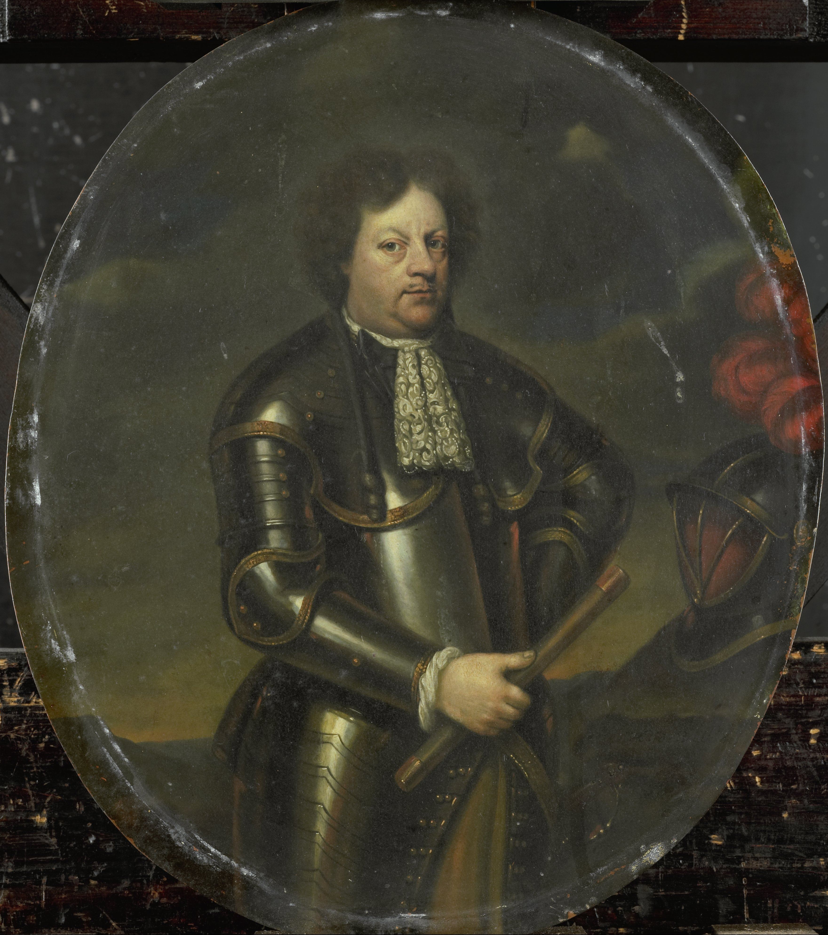 Portret van Hans Willem van Aylva (1633-1691), generaal-majoor, genoemd 'de ontzaglijke generaal'. Kniestuk, in een ovaal, staande in wapenrusting in een landschap, commadostaf in de rechterhand, de helm rechts op een rots. Pendant van SK-A-1402. Gemaakt tussen 1693 en 1717 (olie op koper). Bron: Rijksmuseum Amsterdam. Licentie: Public Domain.