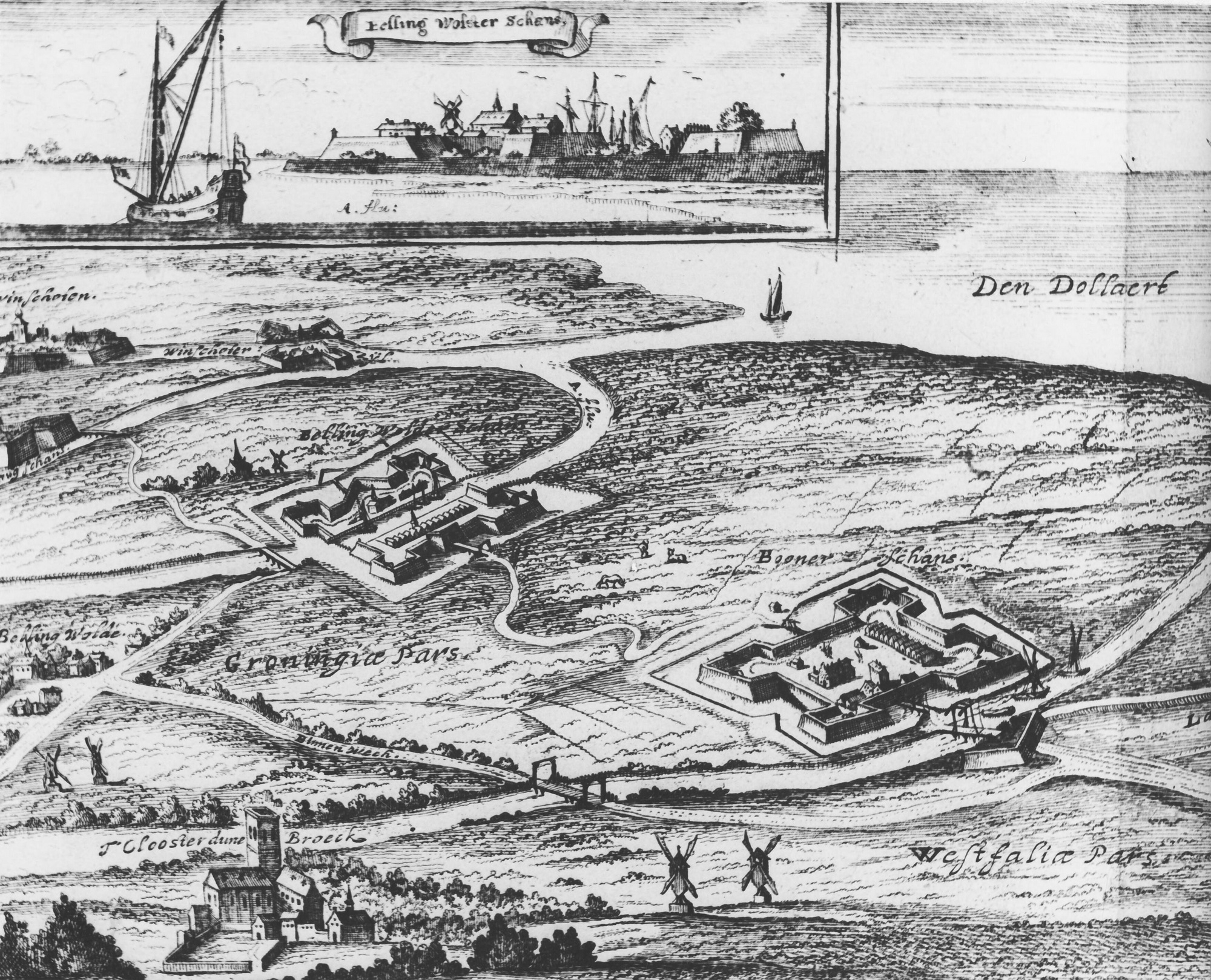 Deel van een kaart waarop de Bellingwolderschans en de Booneschans te zien zijn in 1674. Auteur: onbekend. Bron: RHC GA, Groninger Archieven, Beeldbank Groningen. Licentie: Publieke Domein.