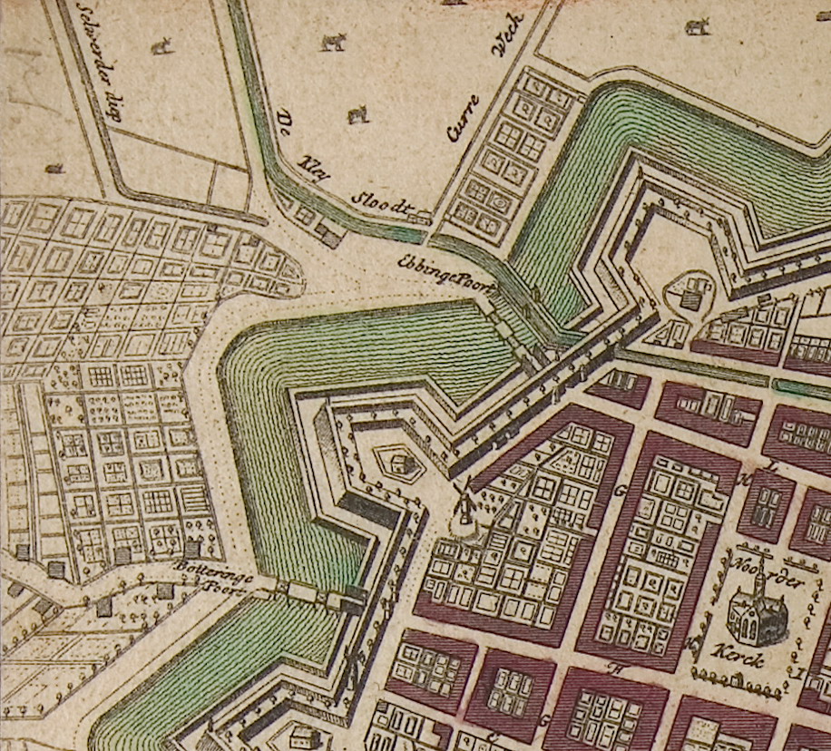 Kaartfragment. Nieuwe Boteringepoort en Ebbingepoort op een kaart van Hendrik Hofsnider (1743) met rechtsonder de Noorderkerk. Het Boteringediep wordt hier als 'De Kley Sloodt' aangegeven. In het noordwesten is het Selwerderdiepje zichtbaar. Afb. gemaakt circa 1743; Rijksuniversiteit Groningen.