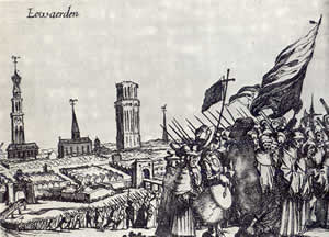 Uittocht van de Katholieken uit Leeuwarden in 1580. Katholieke geestelijken verlaten via de Hoeksterpoort Leeuwarden in februari 1580. Ze zijn uit de stad verbannen door radicale calvinisten.