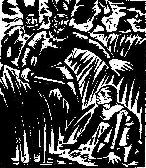 Radfridus door noormannen temidden van het riet gevat, houtsnede van Nico Bulder uit 1929. Boekillustratie in Ter Laan, Groninger overleveringen, dl. 2 (1930). 