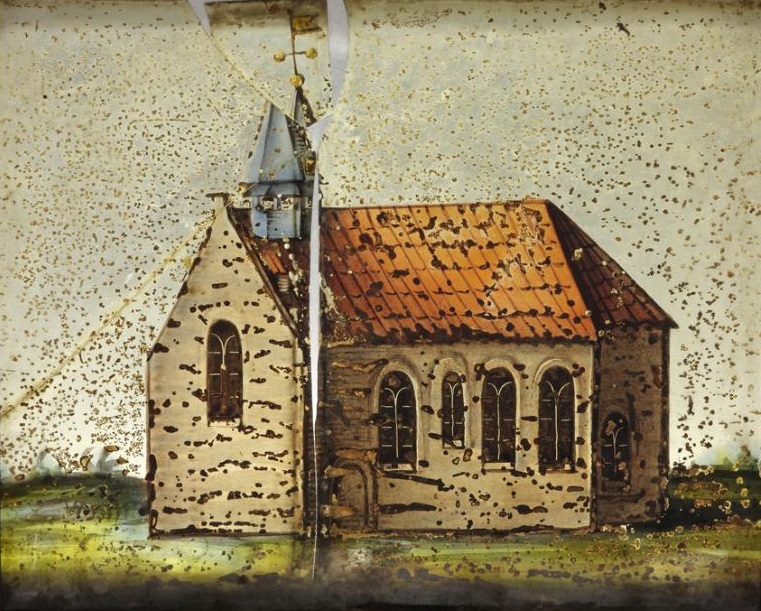 De kerk van Eenum voor 1701. Gebrandschilderd glas, afkomstig uit de kerk; op 22 december 1915 in bruikleen gegeven aan het Groninger Museum. Afmetingen 15 1/2 x 18 cm.