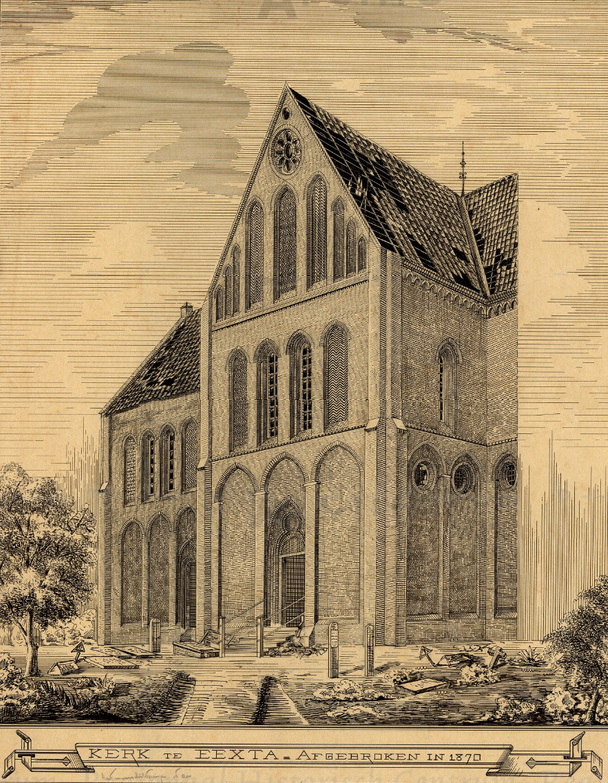 Deel van de kerk in opstand getekend, met deel van het kerkhof. Met een aantekening in potlood: had muurschilderingen (1850-1870). Verzameling Peters (No. 389 uit de verzameling van C.H. Peters).