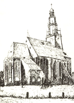 Een oude tekening van de kerk van Farmsum.