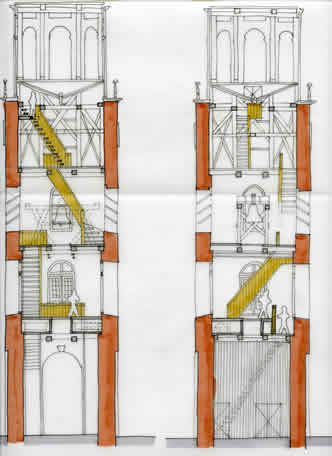 Onder de 30 meter hoge toren in huidige toestand. Boven een deel van de bouwtekening n.a.v. de restauratie en uitbreiding van de toren in 2012. Bron: bouwbedrijf Stijkel.