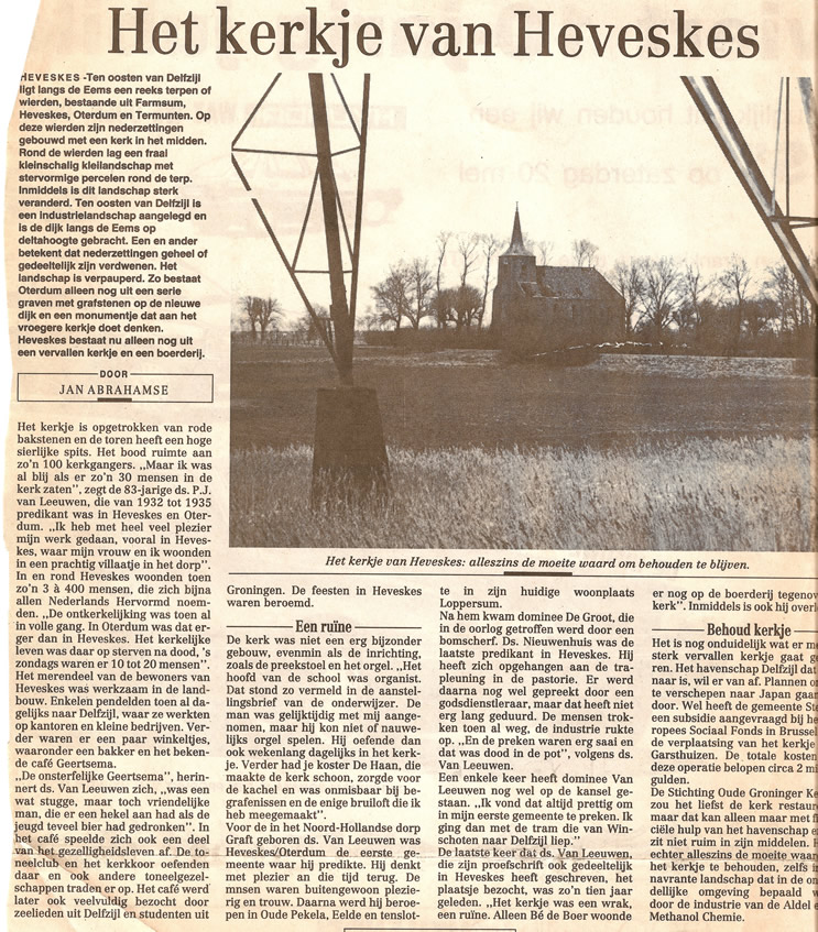 een artikel uit De Eemsbode van 18 mei 1989. De pers spreekt niet erg lovend over het het kerkje, maar het sterk vervallen gebouw blijft nog steeds onder de aandacht van velen.