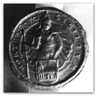 Zegel van de onbekende heilige, een krijgsman met wapperende mantel met in de linkerhand een afbeelding van een kerk en in de rechterhand een lans of een vaandel.