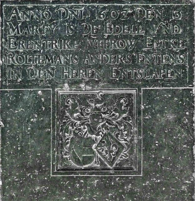 Uitsnede van de foto van de gfrafsteen van Eltke Roltemans, overleden op 13 maart 1602. 