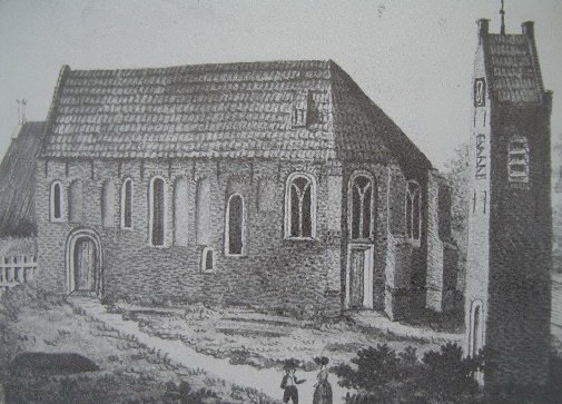Afb. 2. Auteur: onbekend. De kerk en toren van Sauwerd. Gekleurde pentekening. Betreft een 19e eeuwde kopie naar een 18e eeuws voorbeeld (Bron: RHC GA (15))
