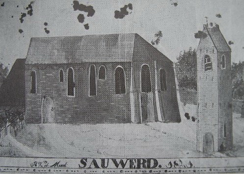 Afb. 4. De kerk en toren van Sauwerd. Een aquarel van H.K. Maat uit 1841. Bron: John Stoel.