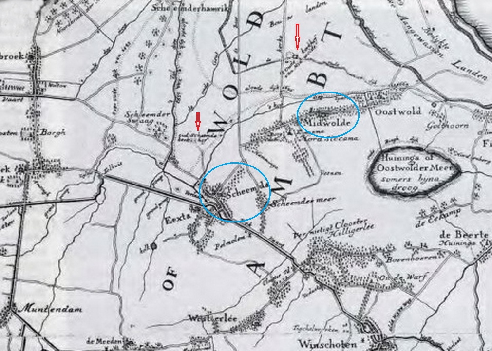 Afb. 1. Scheemda (blauwe cirkel) en omstreken op de kaart van Th. Beckeringh ui 1781. Ten noorden van Scheemda ligt het oud Scheemder kerkhof (rode pijl). Zie ook het oude kerkhof van Midwolda (blauwe cirkel) ten noorden van die plaats aangegeven met een rode pijl.