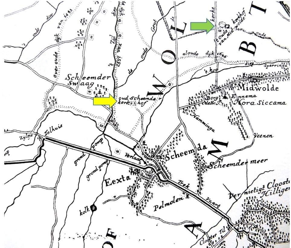Op deze kaart bij de gele pijl nogmaals het oude kerkhof van Oud Scheemda en bij de groene pijl ter illustratie het oude kerkhof van 'Midwolde', het tegenwoordige Midwolda met daaronder de Ennemaborg (Hora Siccama).