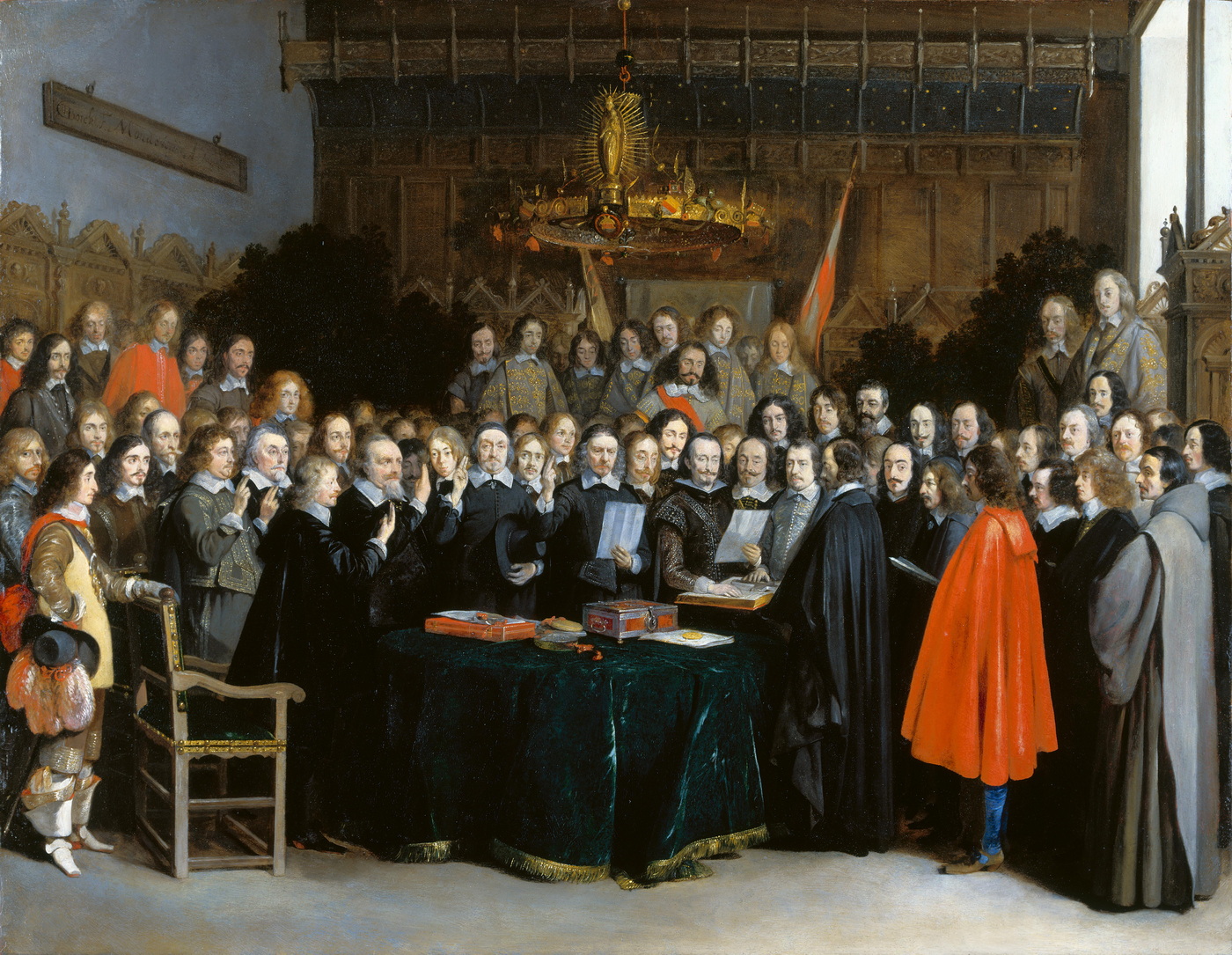 De beëdiging van het verdrag door de Spaanse en Nederlandse onderhandelaars (Gerard Terborch, 1648). Dit schilderij herdenkt de ratificatie op 15 mei 1648 van het Spaans-Nederlandse vredesverdrag dat eerder dat jaar werd ondertekend, ook in Münster. Het gaat niet om het beroemdere Verdrag van Münster dat Frankrijk, de Keizer van het Heilige Roomse Rijk en hun respectievelijke bondgenoten op 24 oktober 1648 ondertekenden en waarvoor geen schilderijen bestaan. 
De ondertekening van het vredesverdrag van Münster - de zes onderhandelaars met opgeheven vingers v.l.n.r. Willem Ripperda, Frans van Donia, Adriaen Clant tot Stedum, Adriaen Pauw, Johan van Mathenesse en Barthold van Gent.