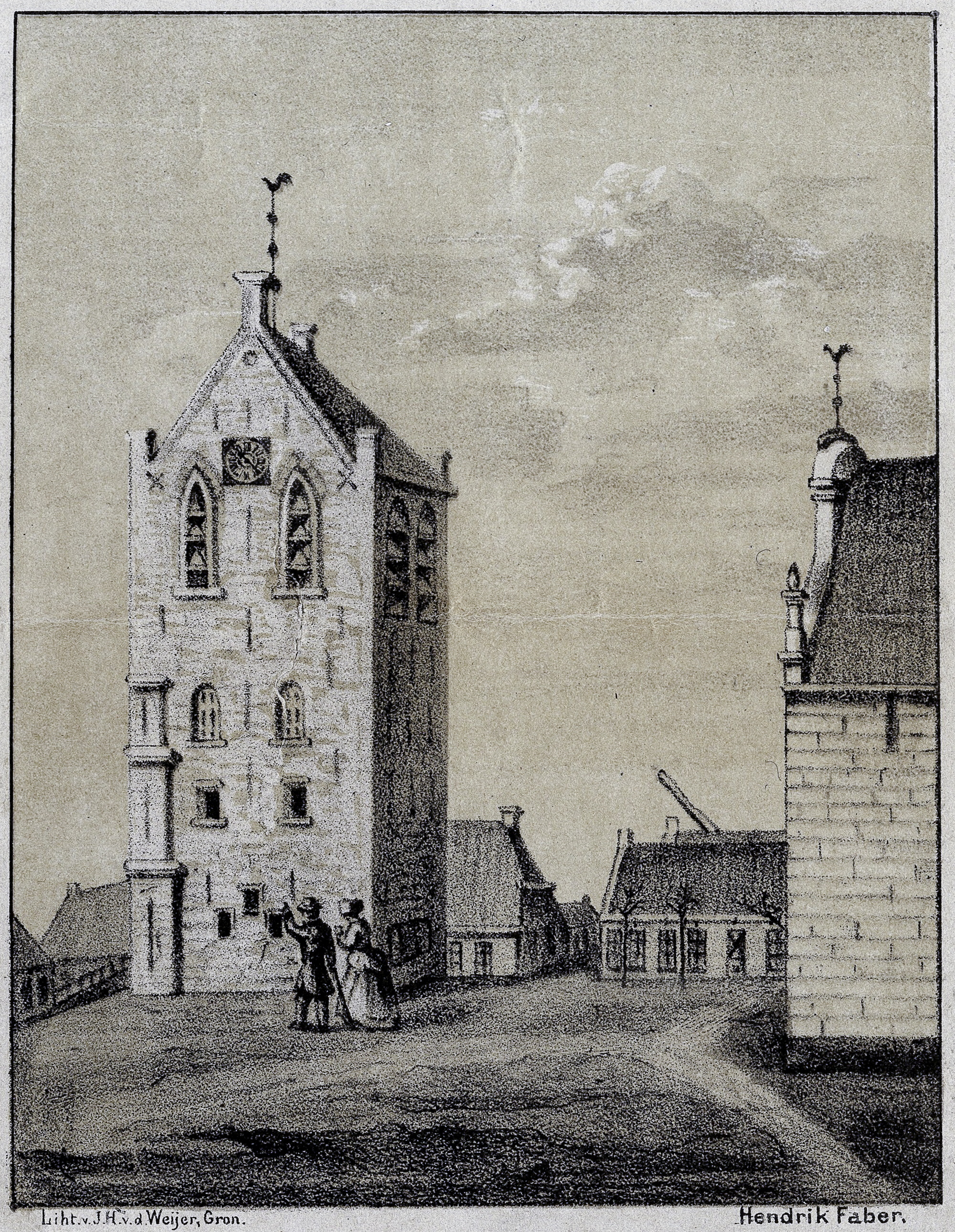 Op deze oude tekening kunnen we de losstaande toren van Usquert nog zien. Links onder de tekening staat: Liht v. J.H. v.d. Weijer, Groningen en rechts Hendrik Faber. De laatste lijkt de tekening opnieuw te hebben gemaakt. De oorsponkelijke bron van de tekening is niet bekend.