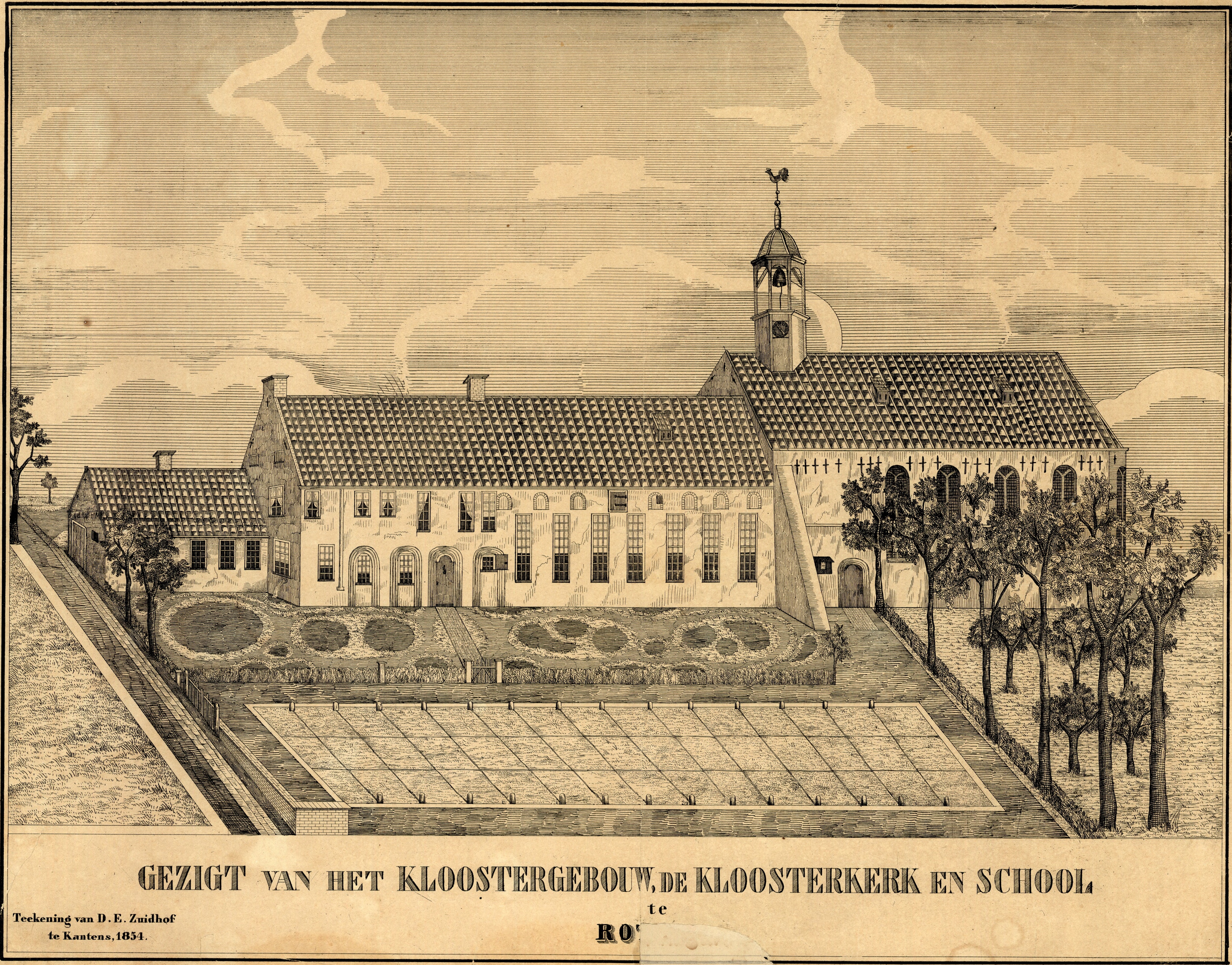 Het Juliana kloostergebouw, met de kloosterkerk en de school. tekening van Derk Everts Zuidhof uit 1854. Bron:By D.E. Zuidhof (Beeldbank Groningen (iets verkleind)) [Public domain], via Wikimedia Commons.