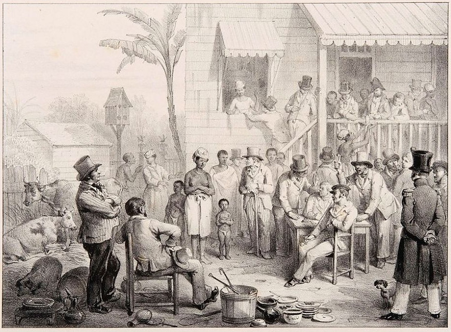 Een slavenmarkt in Suriname. Illustratie P.J. Benoit in ‘Voyage à Surinam’, 1839. De 19e augustus 1762 is op het slavenschip d’ Eenigheid een gedenkwaardige dag. Op twee veilingen en ‘uit de hand’ worden 142 slaven verkocht. Er zijn dan ‘nog maar’ twee slaven aan boord. Eén vrouslaaf, die al een week ernstig ziek is, overlijdt op deze verder zo succesvolle dag. Een andere, die net een kind ter wereld heeft gebracht, kan daardoor kennelijk niet naar de veiling en wordt de volgende dag uit de hand verkocht. De kraamvrouw met haar kindt brengen 275 gulden op. Alle slaven zijn opeens verdwenen.
