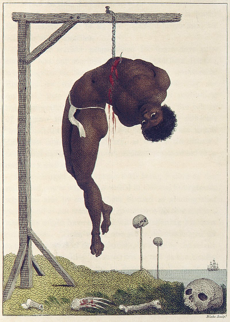 Een 'zwarte', levend aan zijn ribben opgehangen, door Cristoforo dall'Acqua in Viaggio al Surinam, 1818. Vertaling van Narrative, of a five years' expedition, against the Revolted Negroes of Surinam van John Gabriël Stedman uit 1796.