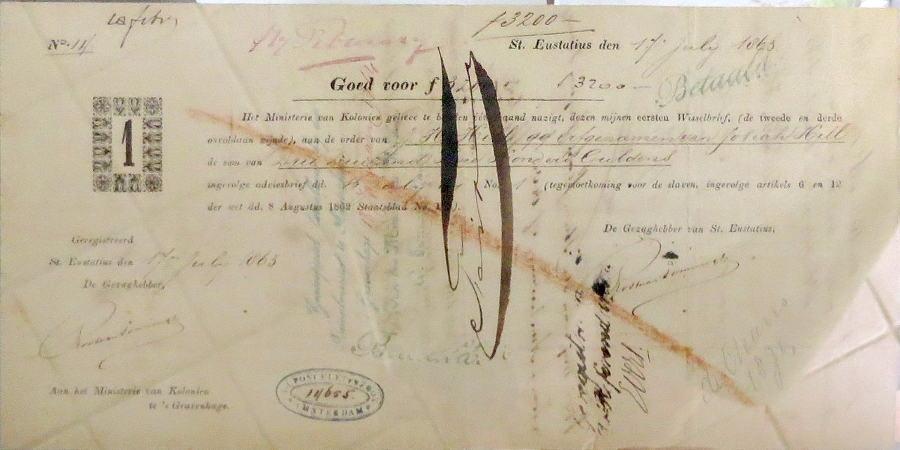 Een cheque voor 3200 gulden compensatie bij de afschaffing van de slavernij op Sint Eustatius in 1863.